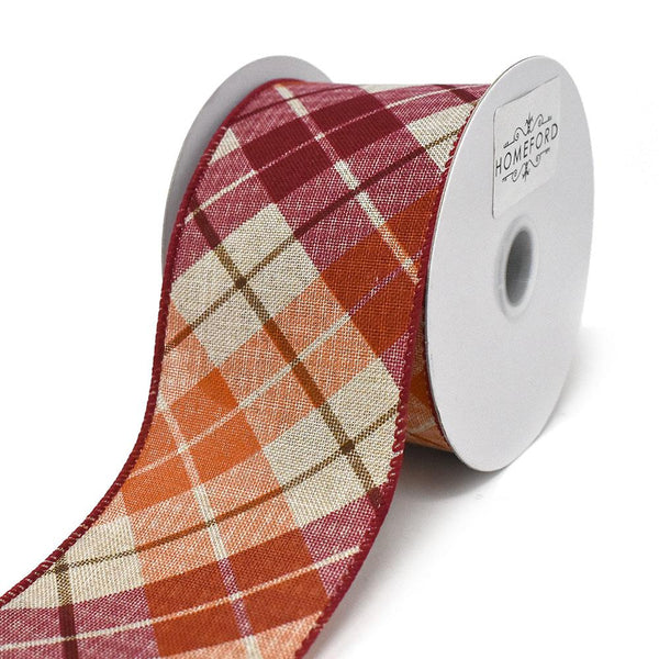 Diagonal Plaid Pattern Wired Ribbon, Red/Orange,  2-1/2-Inch, 10-Yard