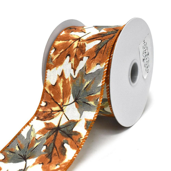 Ivory Linen Dusty Blue and Rust Leaves Wired Ribbon, 2-1/2-Inch, 10-Yard