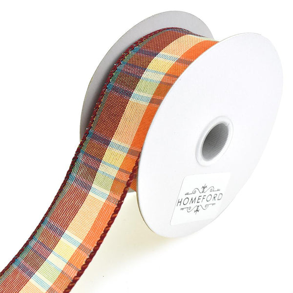 Fall Plaid Wired Ribbon, Orange/Burgundy/Teal, 1-1/2-Inch, 10-Yard