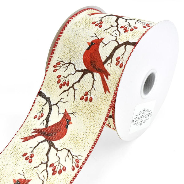 Glittered Linen Cardinal Wired Edge Christmas Ribbon, Ivory, 2-1/2-Inch, 10-Yard