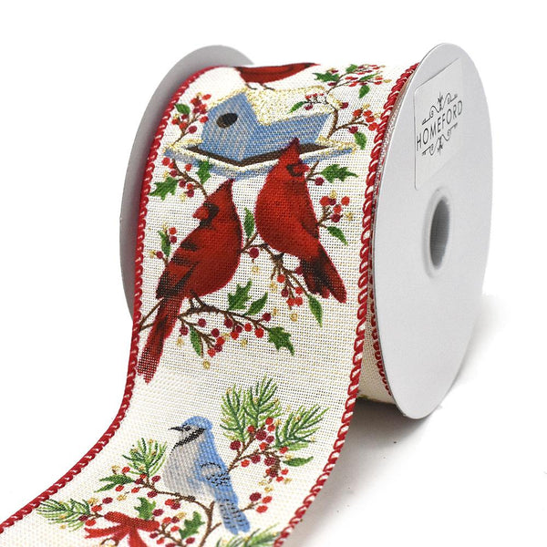 Christmas Birds on Birdhouses Wired Ribbon, 2-1/2-Inch, 10-Yard