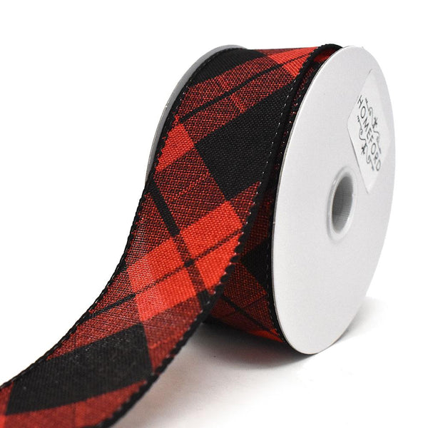 Diagonal Plaid Patterned Wired Ribbon, Red, 1-1/2-Inch, 10-Yard