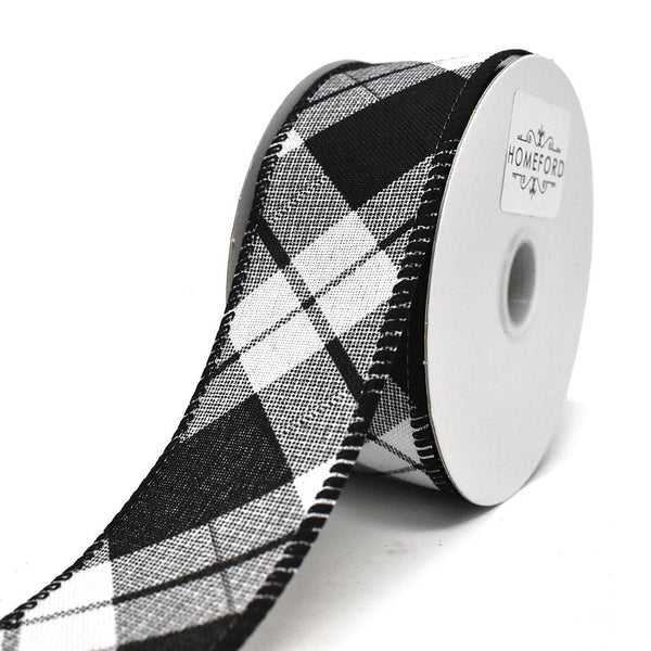 Diagonal Plaid Patterned Wired Ribbon, White, 1-1/2-Inch, 10-Yard