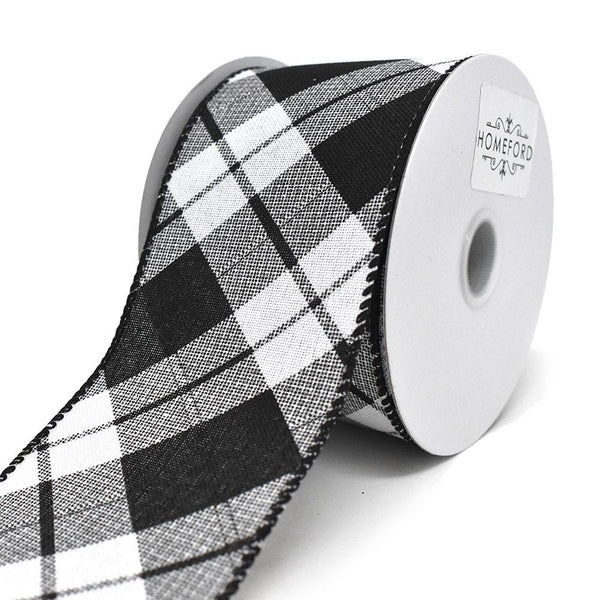 Diagonal Plaid Patterned Wired Ribbon, White, 2-1/2-Inch, 10-Yard