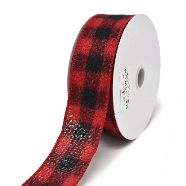 Brushed Square Plaid Wired Ribbon, 1-1/2-Inch, 10-Yard, Red