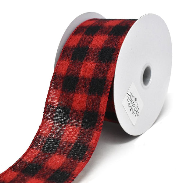 Brushed Square Plaid Wired Ribbon, 2-1/2-Inch, 10-Yard, Red