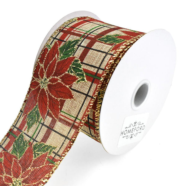 Gold Accented Poinsettia and Plaid Wired Ribbon, 2-1/2-Inch, 10-Yard