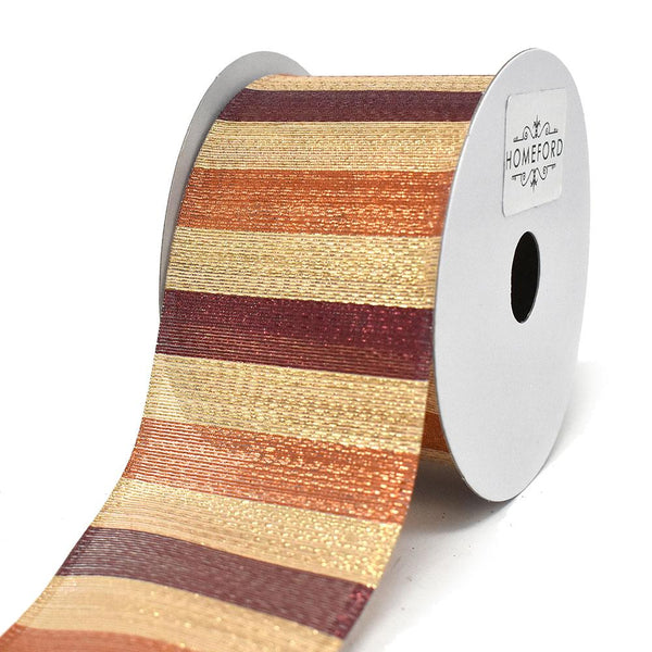 Shiny Metallic Stripes Wired Ribbon, Gold/Burgundy/Orange, 2-1/2-Inch, 10-Yard