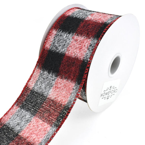 Brushed Buffalo Plaid Wired Edge Christmas Ribbon, 2-1/2-Inch, 10-Yard, Black/Red/White