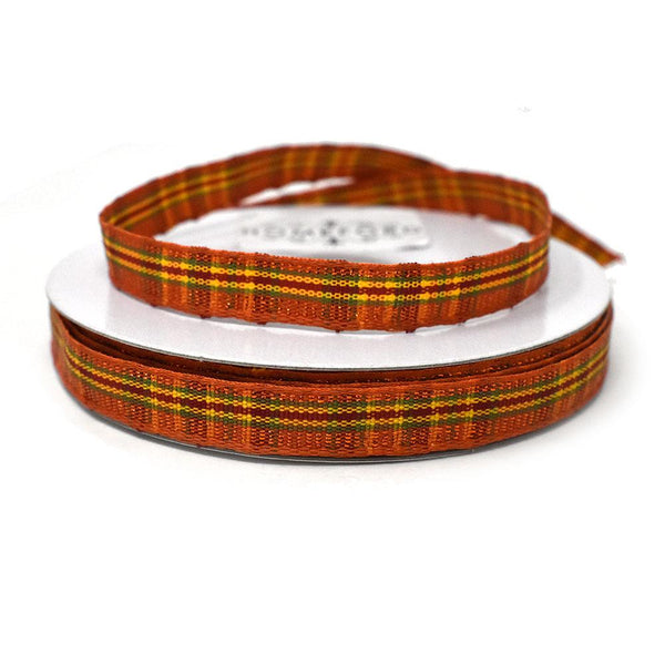 Fall Plaid and Metallic Orange Ribbon, 3/8-Inch, 25-Yard