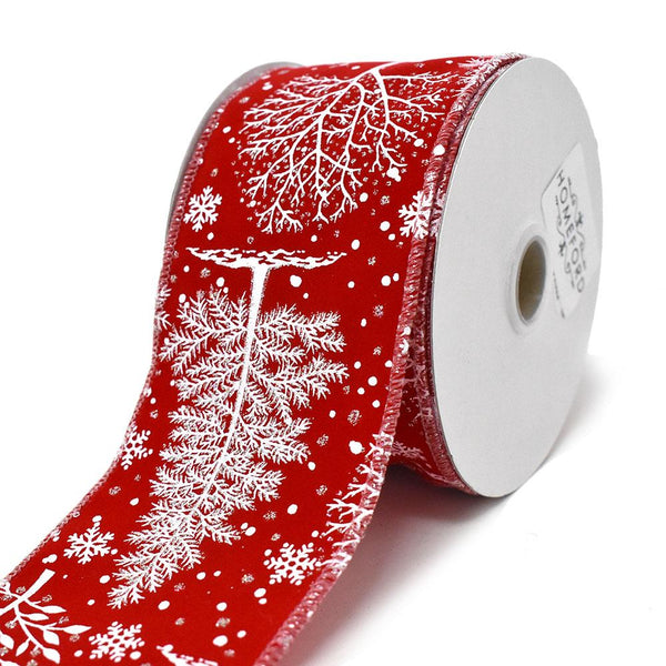 Snowy Trees Wired Edge Velvet Christmas Ribbon, Red, 2-1/2-Inch, 10-Yard