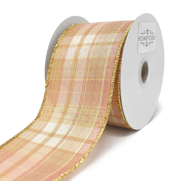 Plaid Pattern Wired Ribbon, Rose Gold, 2-1/2-Inch, 10-Yard