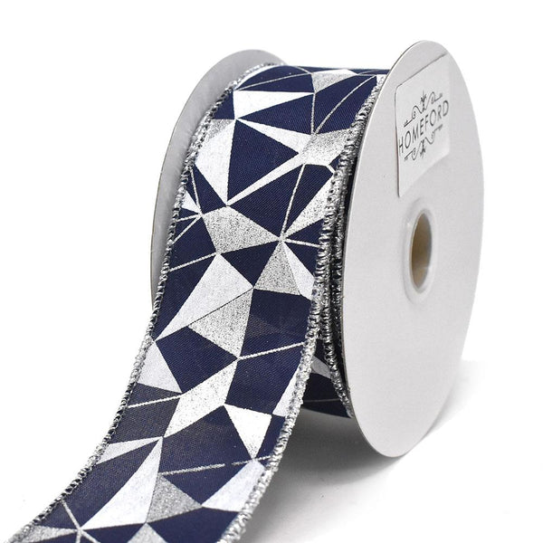 Metallic and White Abstract Wired Ribbon, 1-1/2-Inch, 10-Yard, Navy/Silver