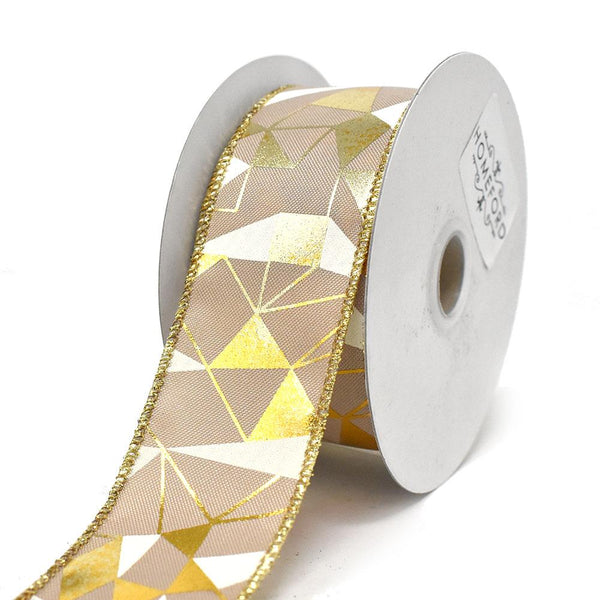 Metallic and White Abstract Wired Ribbon, 1-1/2-Inch, 10-Yard, Tan/Gold