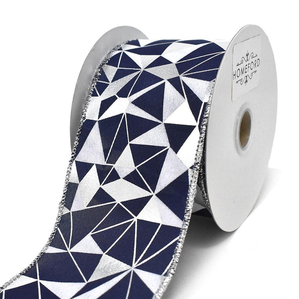 Metallic and White Abstract Wired Ribbon, 2-1/2-Inch, 10-Yard, Navy/Silver