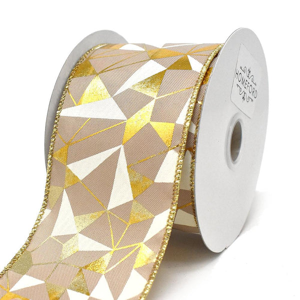 Metallic and White Abstract Wired Ribbon, 2-1/2-Inch, 10-Yard, Tan/Gold