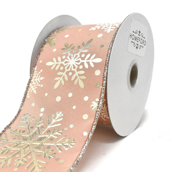 Embossed Snowflake Wired Ribbon, Rose Gold, 2-1/2-Inch, 10-Yard