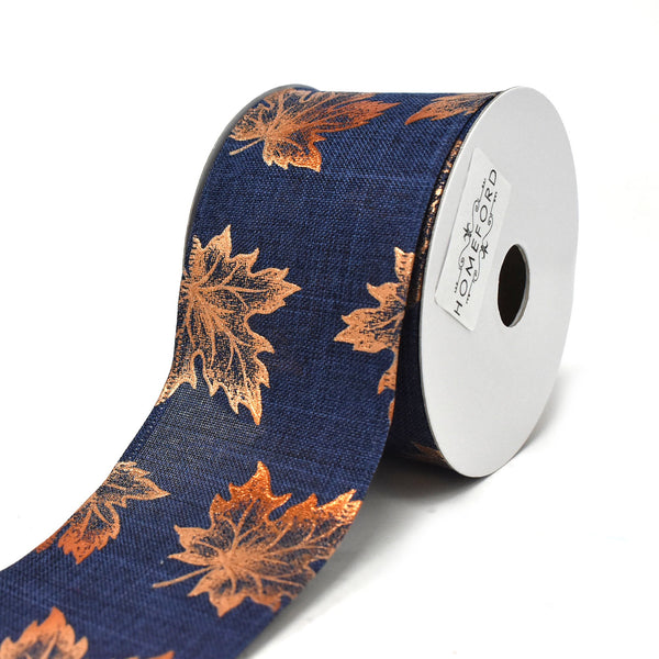 Copper Accent Fall Leaves Wired Ribbon, Blue, 2-1/2-Inch, 10-Yard