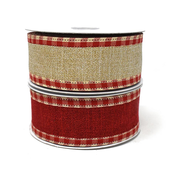 Checkered Edge Linen Wired Edge Christmas Ribbon, 1-1/2-Inch, 10-Yard