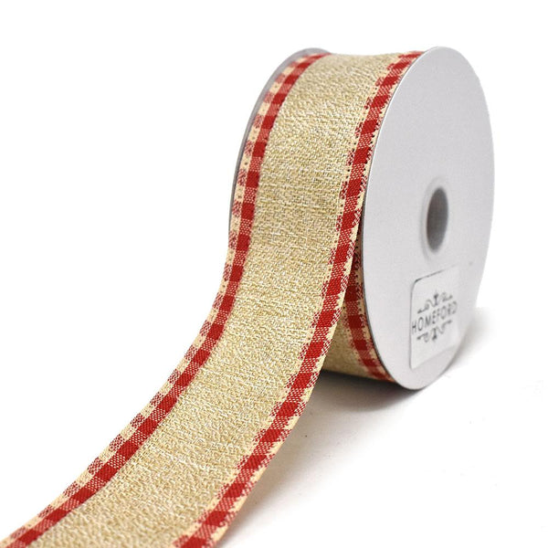 Checkered Edge Linen Wired Edge Christmas Ribbon, 1-1/2-Inch, 10-Yard, Natural