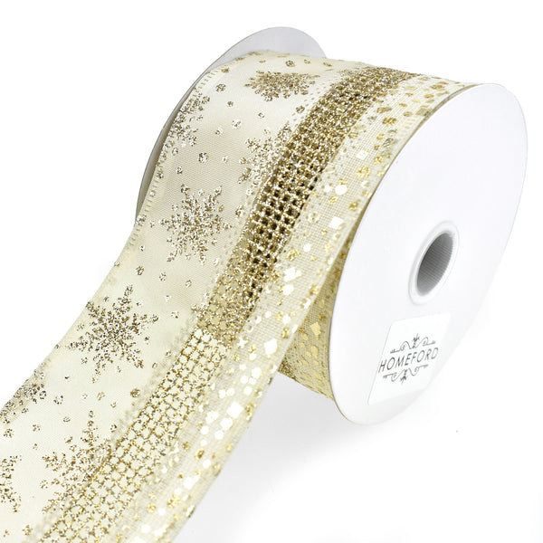 Satin Fused Snowflake Wired Edge Christmas Ribbon, Champagne, 2-1/2-Inch, 10-Yard