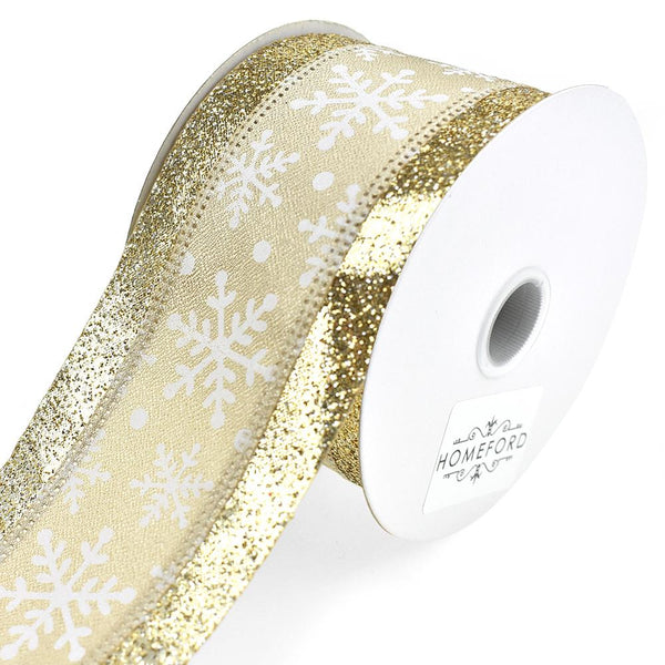 Snowflakes with Golden Glitter Trim Wired Ribbon, 2-1/2-Inch, 10-Yard