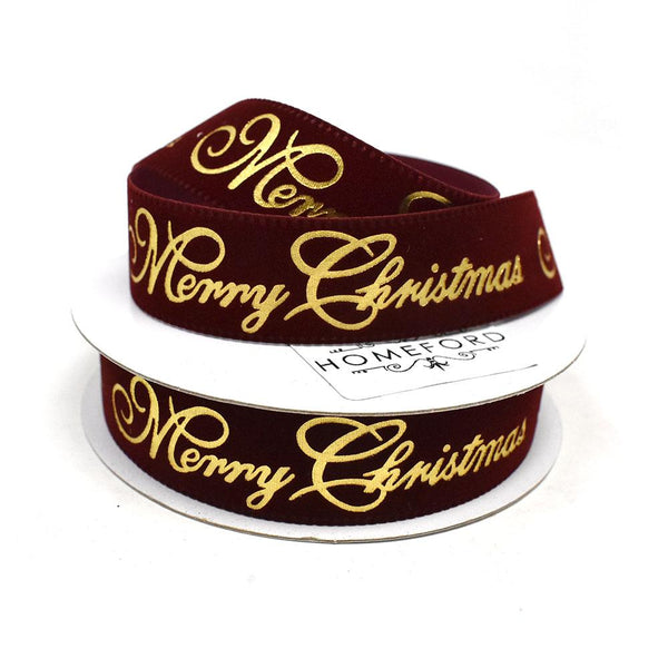 Velvet and Gold Embossed "Merry Christmas" Wired Ribbon, 7/8-Inch, 10-Yard, Burgundy