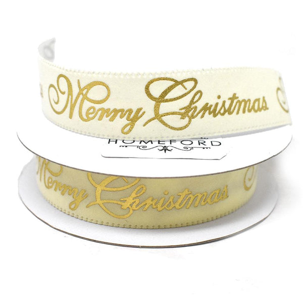 Velvet and Gold Embossed "Merry Christmas" Wired Ribbon, 7/8-Inch, 10-Yard, Ivory