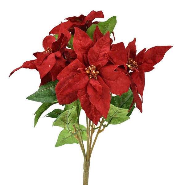 Mini Velvet Poinsettia Bush Floral Spray, Red, 12-1/2-Inch