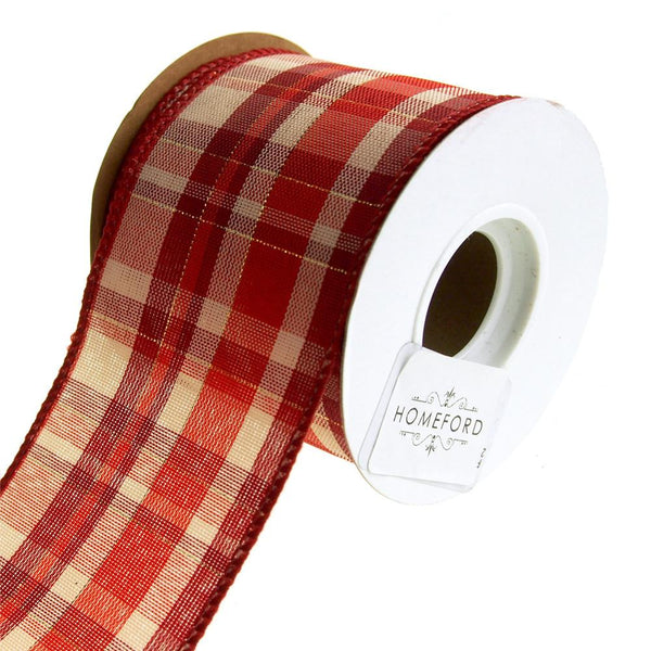 Plaid Checkered Holiday Christmas Wired Ribbon, Red/Natural, 2-1/2 Inch, 10 Yards