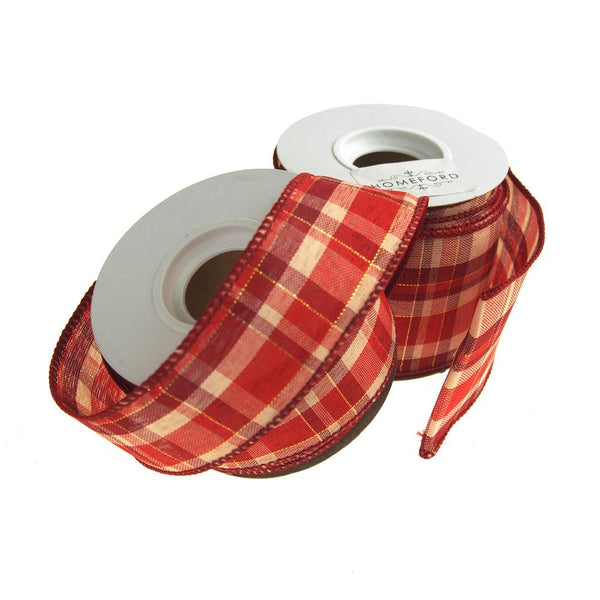 Plaid Checkered Holiday Christmas Wired Ribbon, Red/Natural, 10 Yards