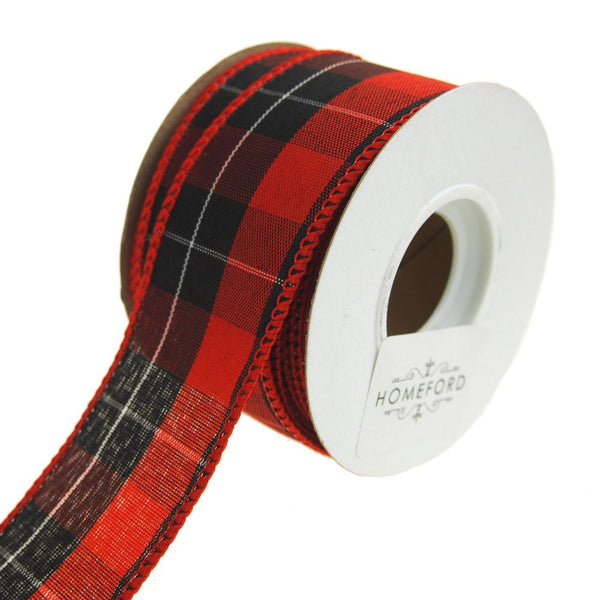 Checkered Mountain Cabin Plaid Wired Holiday Ribbon, Red/Black, 1-1/2-Inch, 10 Yards