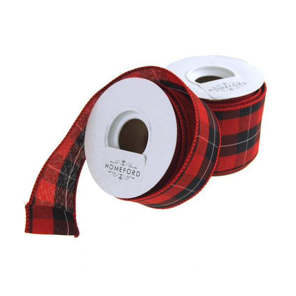 Checkered Mountain Cabin Plaid Wired Holiday Ribbon, Red/Black, 10 Yards