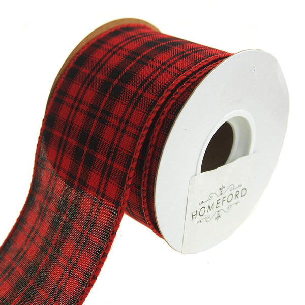 Checkered King Plaid Wired Holiday Ribbon, Red/Black, 2-1/2-Inch, 10 Yards