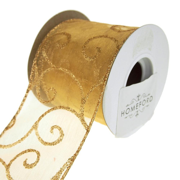 Sheer Wired Organza with Glitter Swirl Holiday Ribbon, Gold, 2-1/2-Inch, 10 Yards