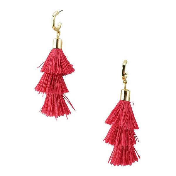 Three Layered Tassel Drop Earrings, Magenta, 2-Inch