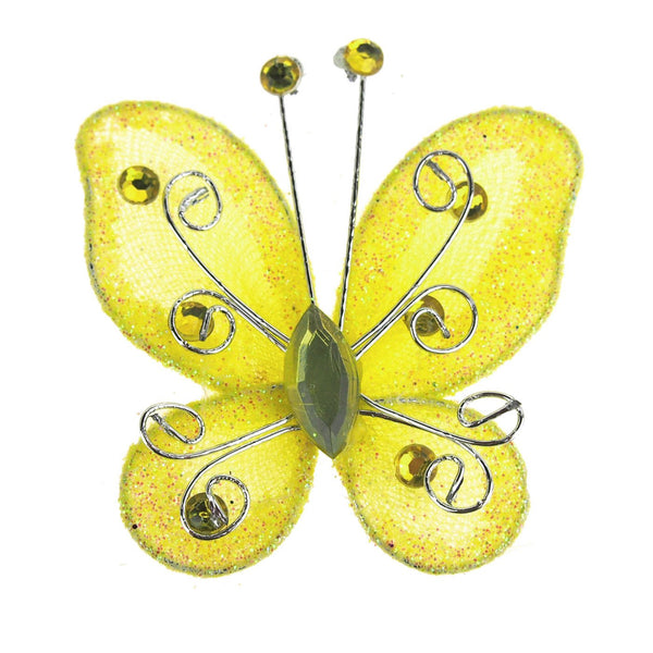 Organza Nylon Glitter Butterflies, 3-inch, 12-Piece, Yellow