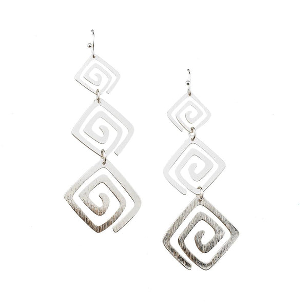 Tier Greek Motif Earrings, Silver, 2-1/2-Inch