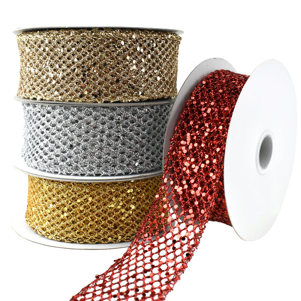 Christmas Dazzling Glitter Chunk Netting Wired Ribbon, 1-1/2-Inch, 10-Yard