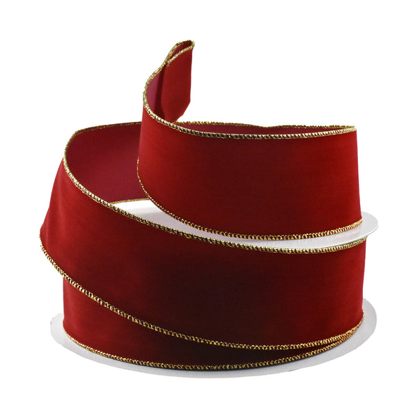 Christmas Velvet Wired Edge Ribbon, Scarlet/Gold, 2-1/2-Inch, 50-Yard