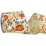 Pumpkins and Fall Harvest Flowers Wired Ribbon, 4-Inch, 10-Yard