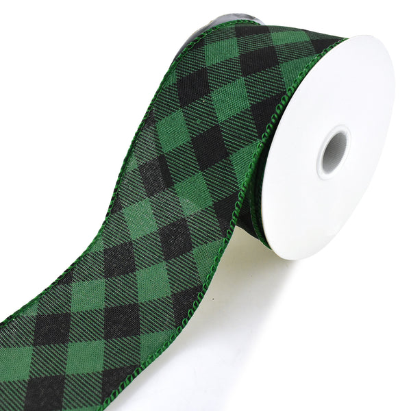 Buffalo Check Diagonal Plaid Wired Ribbon, Green, 2-1/2-Inch, 10-Yard