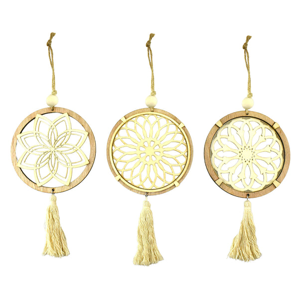 Macramé Wooden Disc Christmas Ornaments, 5-Inch, 3-Piece