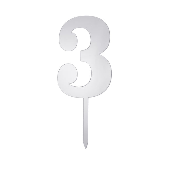 Metallic Acrylic Number 3 Cake Topper, Silver, 7-1/2-Inch