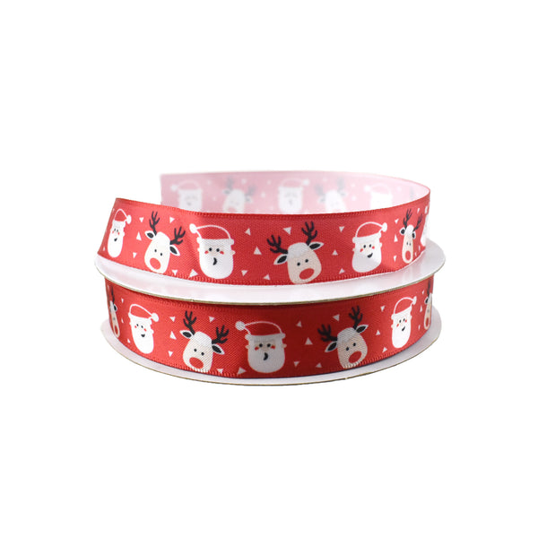 Cartoon Santa and Reindeer Satin Ribbon, 5/8-Inch, 10-Yard