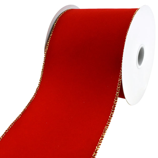 Christmas Velvet Wired Edge Ribbon, 4-Inch, 10-Yard - Red/Gold