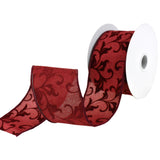 Flocked Swirls Faux Linen Wired Ribbon, 2-1/2-Inch, 10-Yard - Red