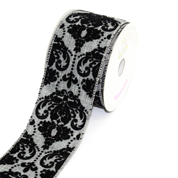 Canvas Ribbon with Flock Damask, 2-1/2-inch, 10 Yards, Silver