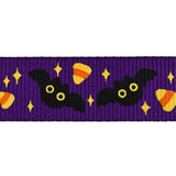 Halloween Candy Corn & Bats Grosgrain Ribbon, 5/8-Inch, 10-Yard - Purple