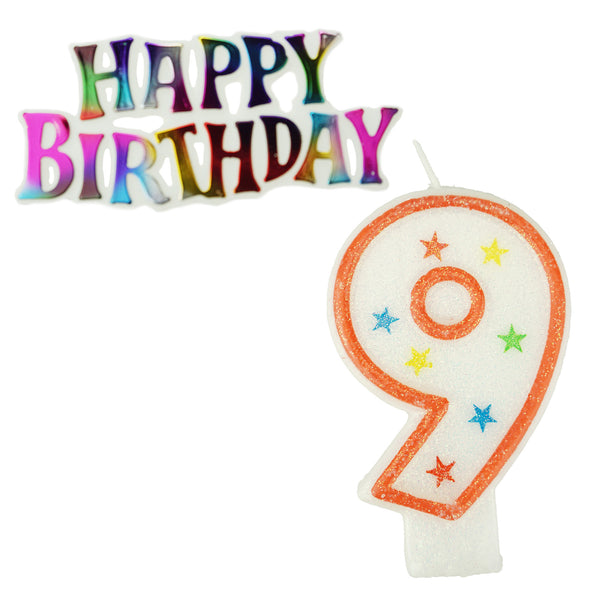 Glitter Number 9 Candle and Happy Birthday Sign, 3-3/8-Inch, 2-Piece